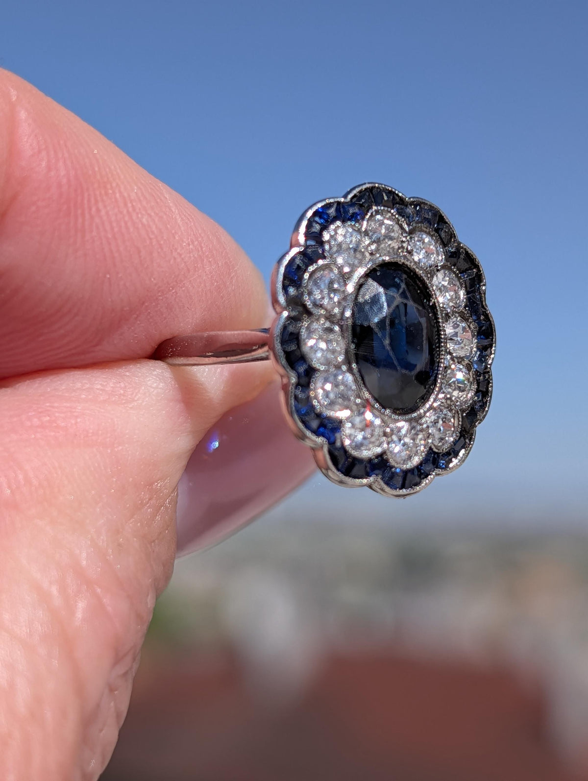1920s French Art Deco Platinum Sapphire Diamond Ring – European Cut Statement Piece