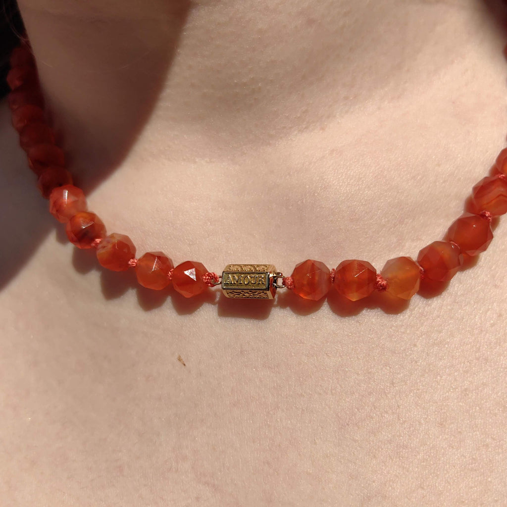Antique Orange Agate Beaded Necklace: 14k Gold Amour Love Lock