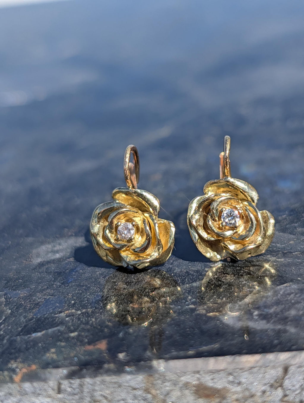 Vintage 18k Yellow Gold Rose Flower Diamond Sleeper Earrings, Handmade Petal by Petal Romantic Feminine Floral Earrings Gift for Her