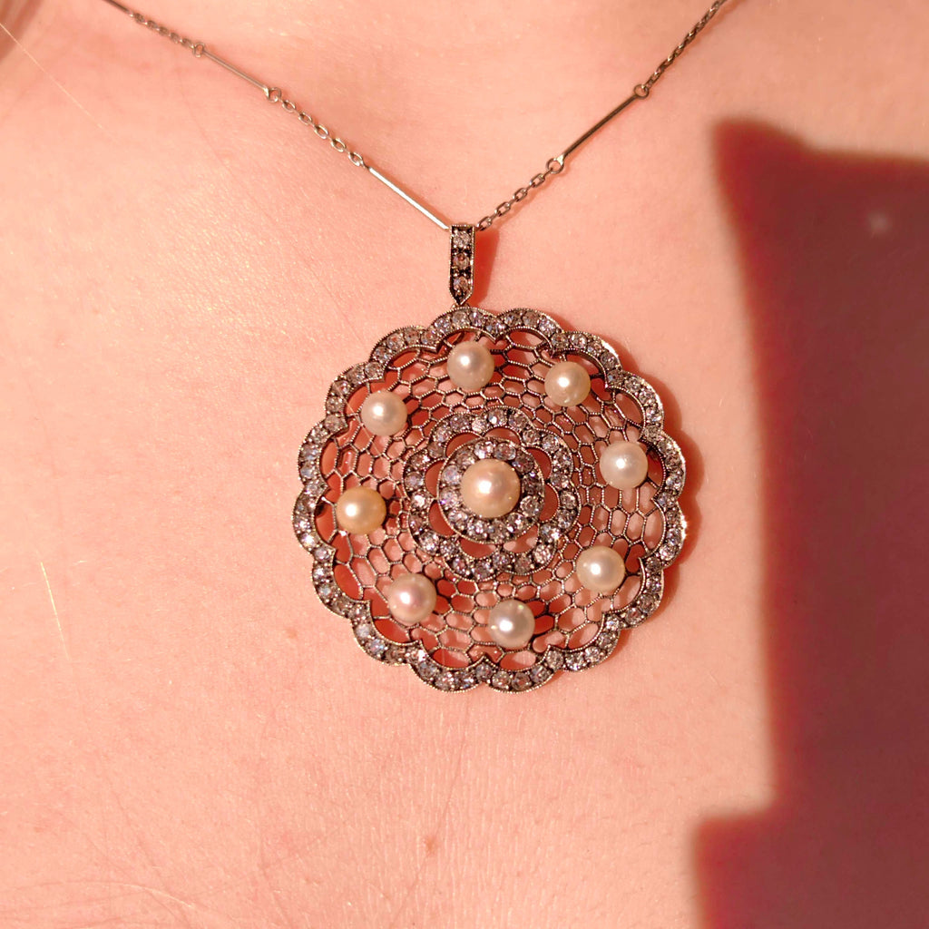 Edwardian 14K Solid Gold Natural Diamond Pearl Statement large Pendant  Antique Art Deco Filigree Handmade Gift for Her