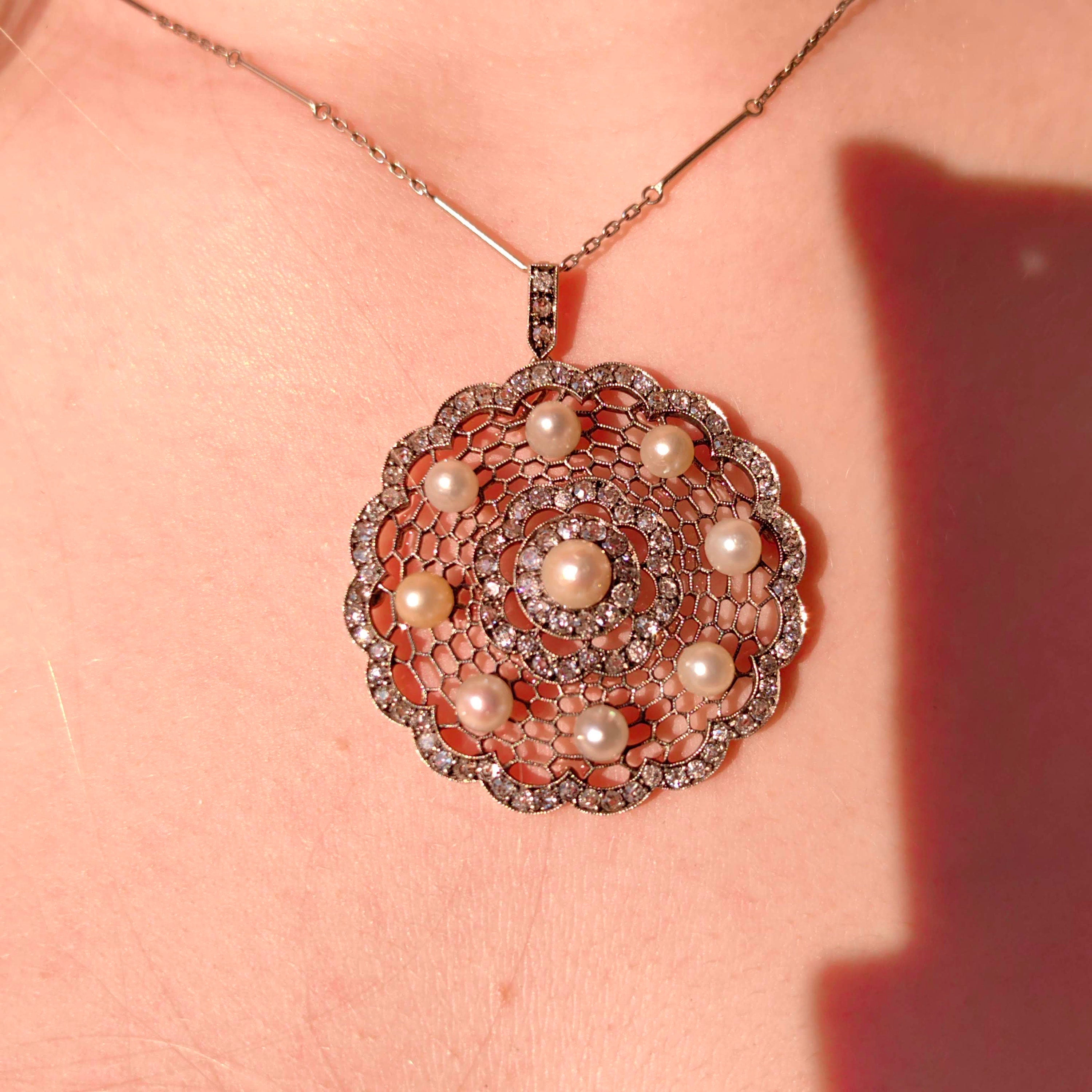 Edwardian 14K Solid Gold Natural Diamond Pearl Statement large Pendant  Antique Art Deco Filigree Handmade Gift for Her