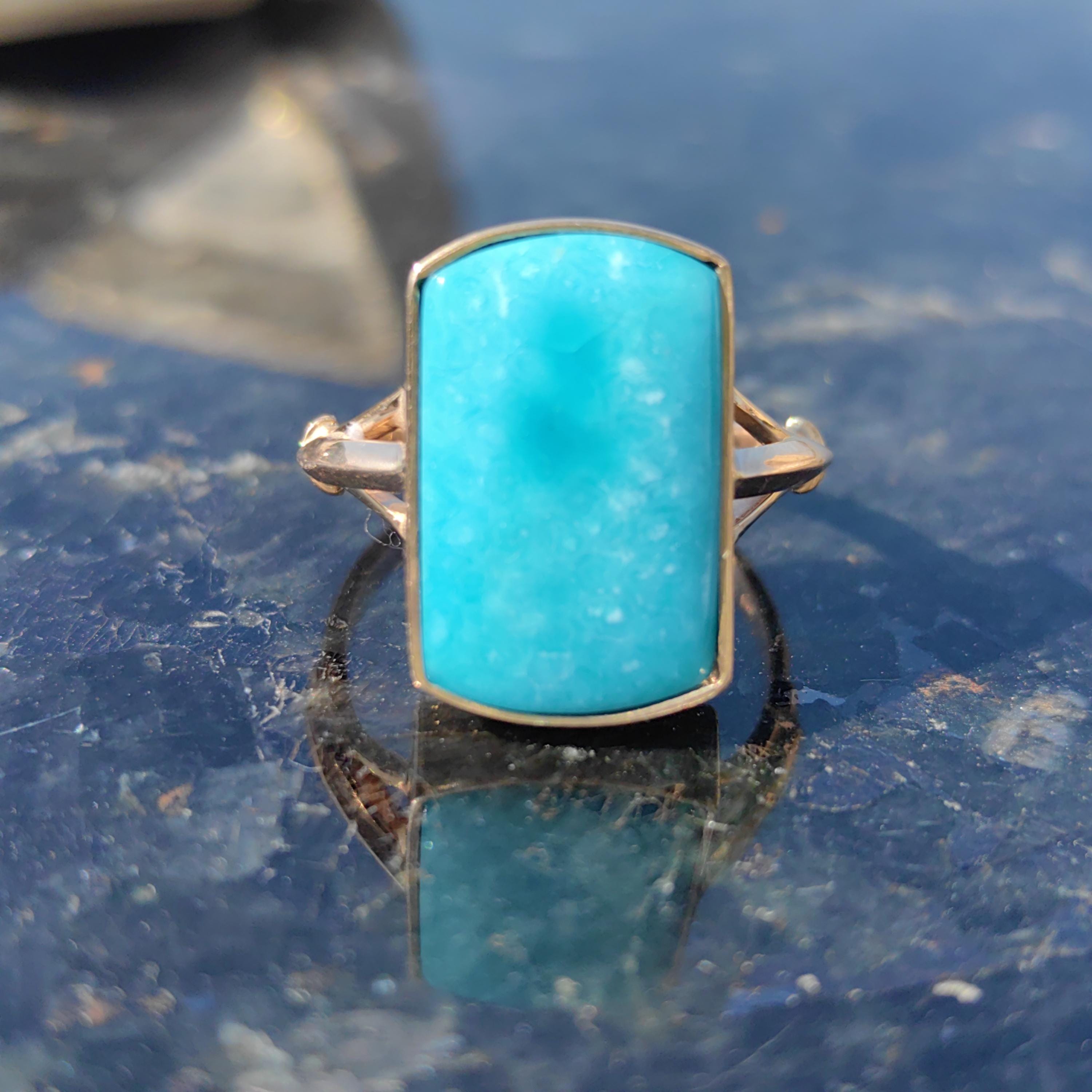 Vintage 14k Solid Yellow Gold Blue Turquoise Square Ring Antique Art Deco 1920s Gift for Her Elegant Present