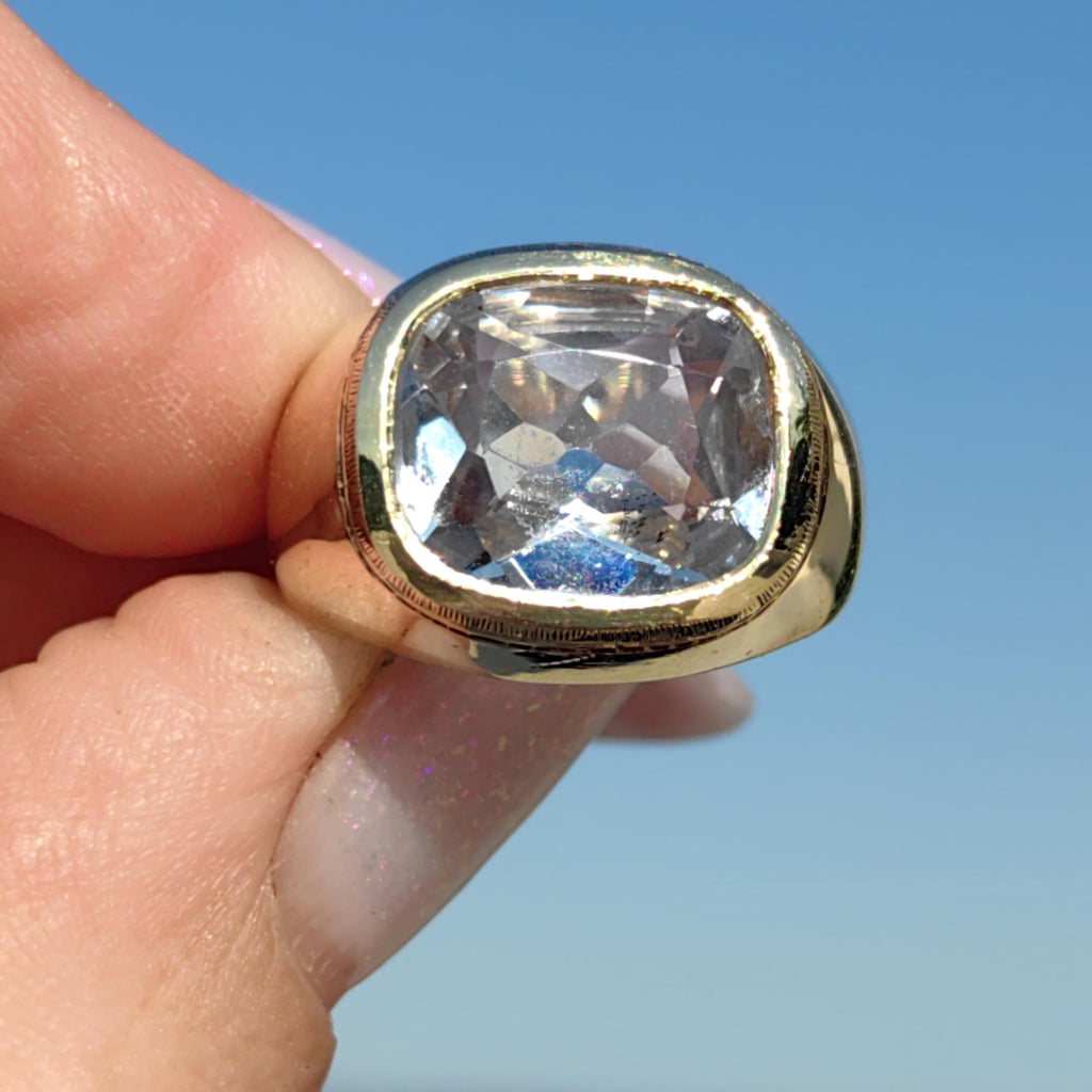 1940s Aquamarine 14k Yellow Gold Ring: Geometric Unisex Statement