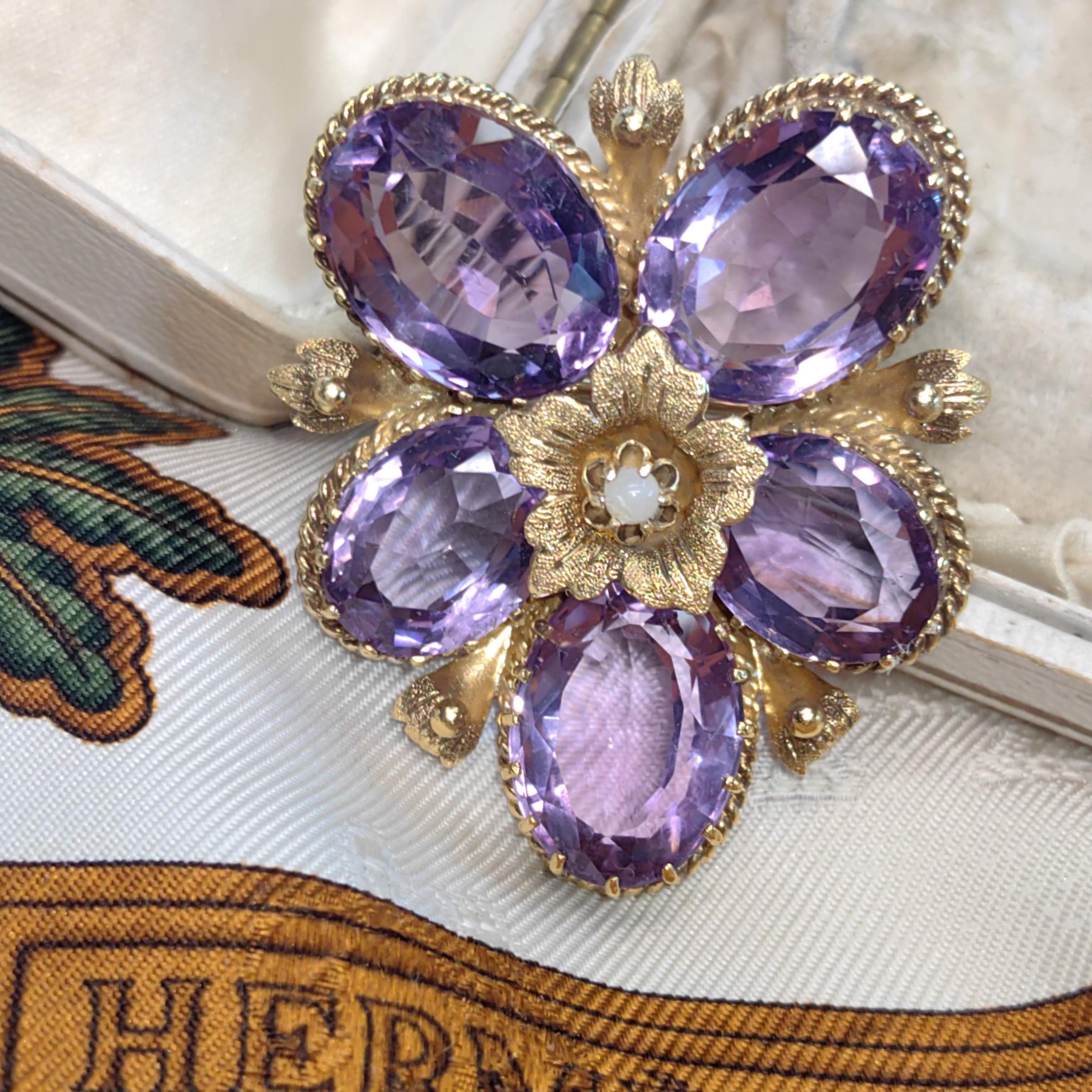 Victorian Amethyst Pearl Floral Pendant Brooch, Gold Plated Silver (1880s)