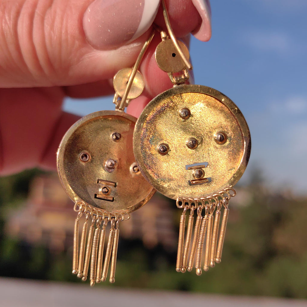 Victorian 18K Gold Emerald Dangle Earrings: Enamel Antique Jewelry