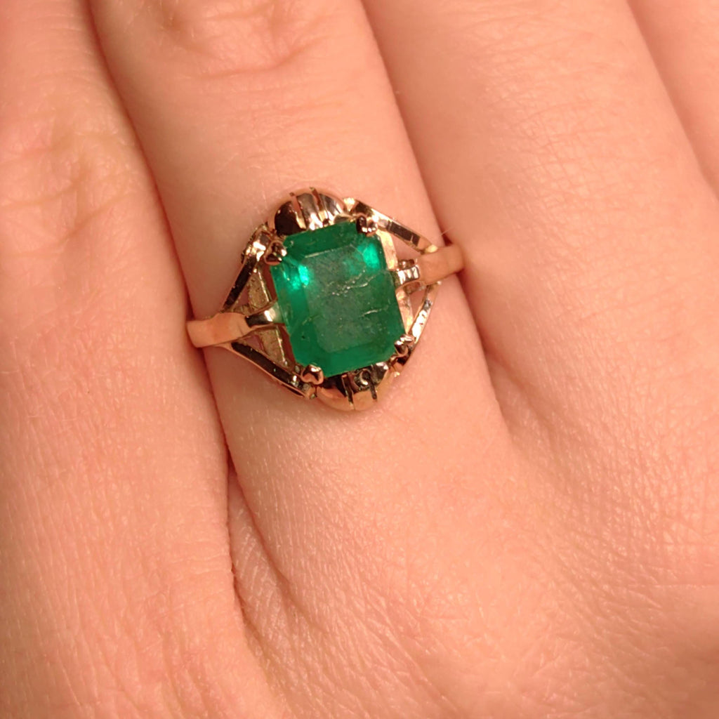 Art Nouveau 1900s Emerald Ring, Fine 14k Yellow Gold Antique Solitaire Ring, Natural Green Emerald Gift for Her, Size US 6.75 EU 54