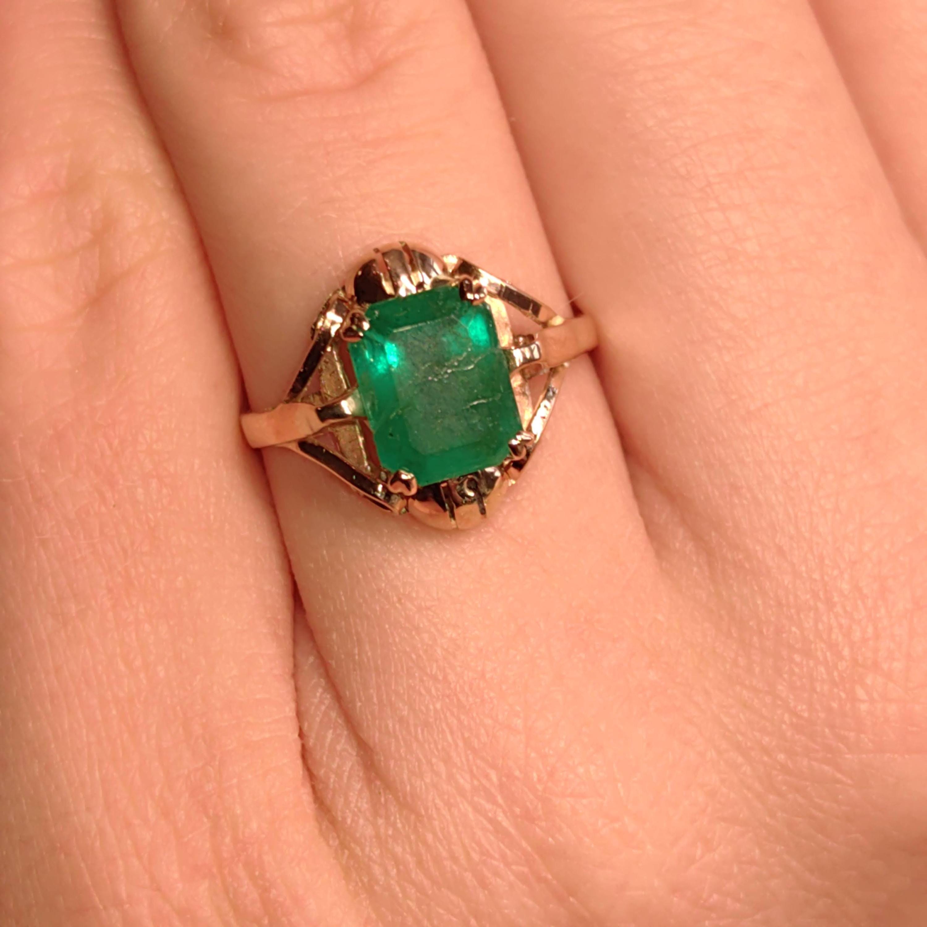 Art Nouveau 1900s Emerald Ring, Fine 14k Yellow Gold Antique Solitaire Ring, Natural Green Emerald Gift for Her, Size US 6.75 EU 54