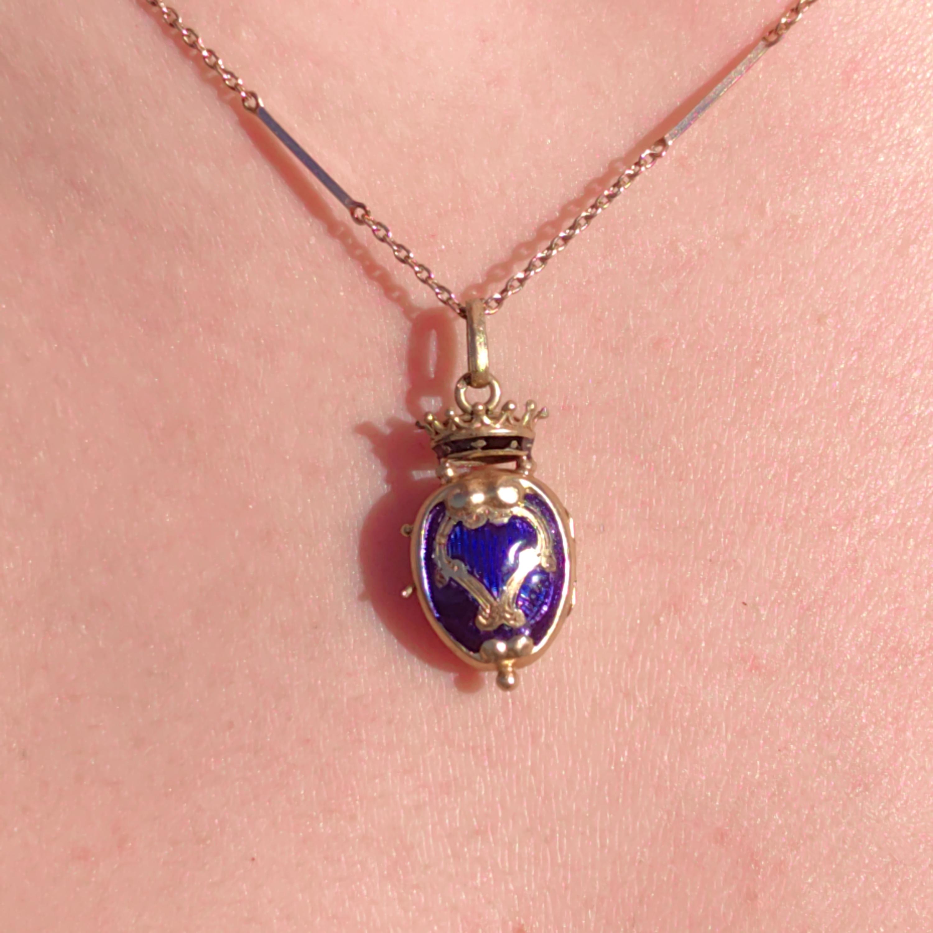 Victorian 18k Gold Blue Enamel Crown Locket Pendant: Hand Painted Antique