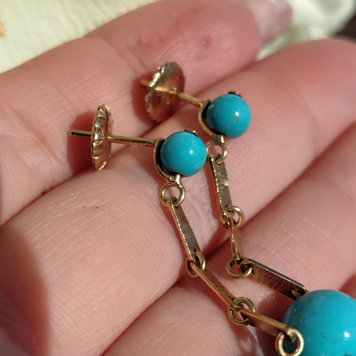 Vintage 1950s Turquoise 18K Gold Dangle Earrings
