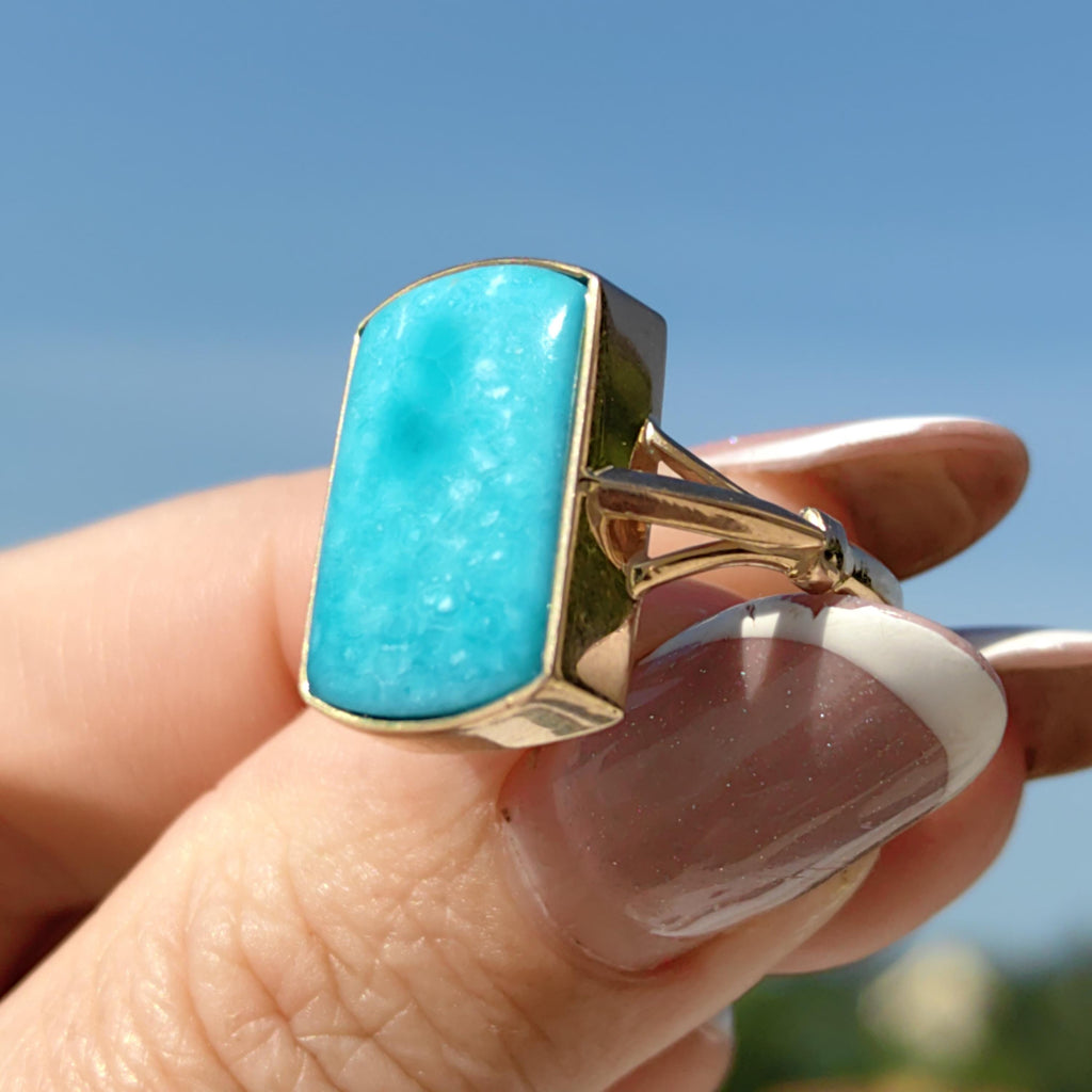 Vintage 14k Solid Yellow Gold Blue Turquoise Square Ring Antique Art Deco 1920s Gift for Her Elegant Present