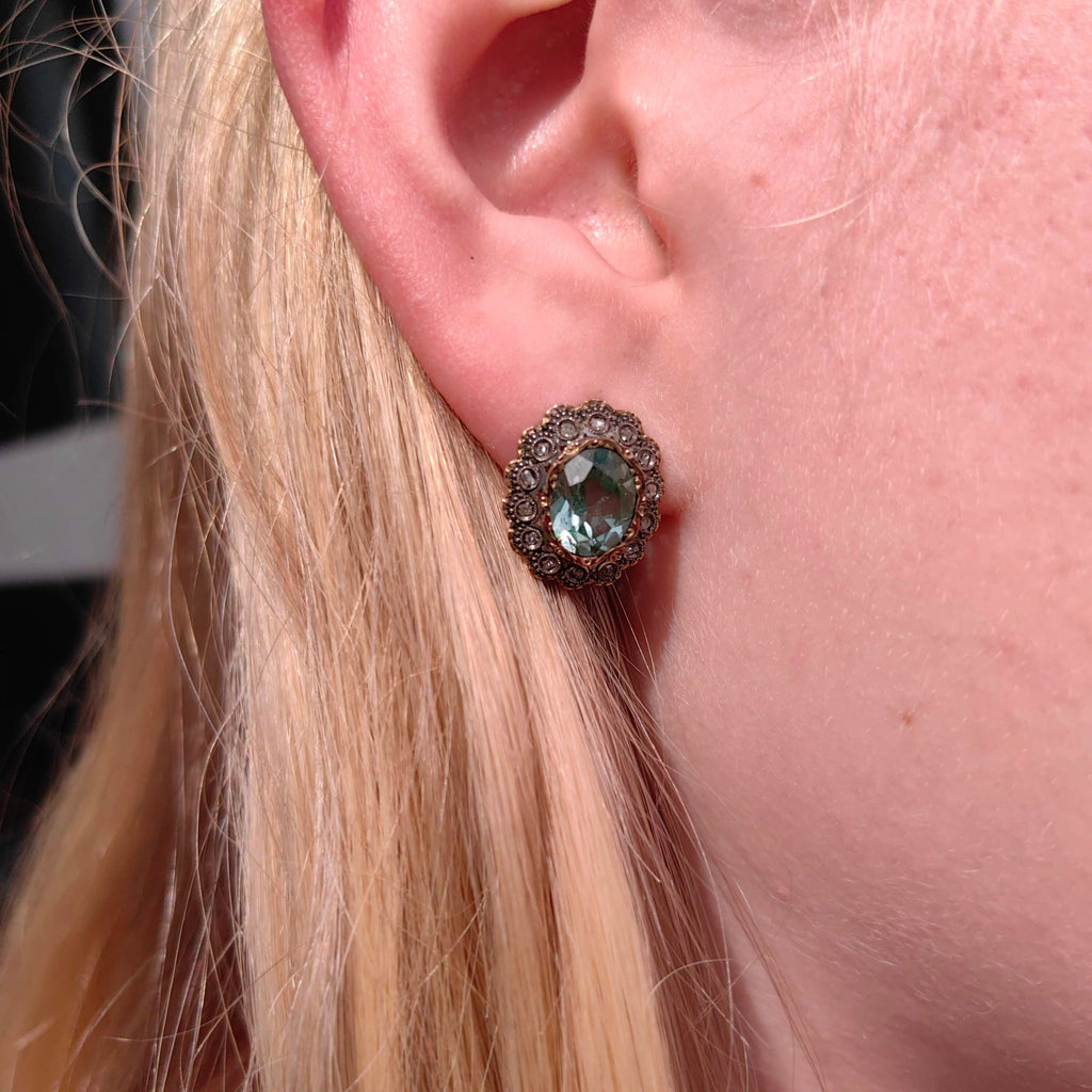 Vintage 1940s Aquamarine Diamond Earrings: 19.2k Gold & Silver Studs