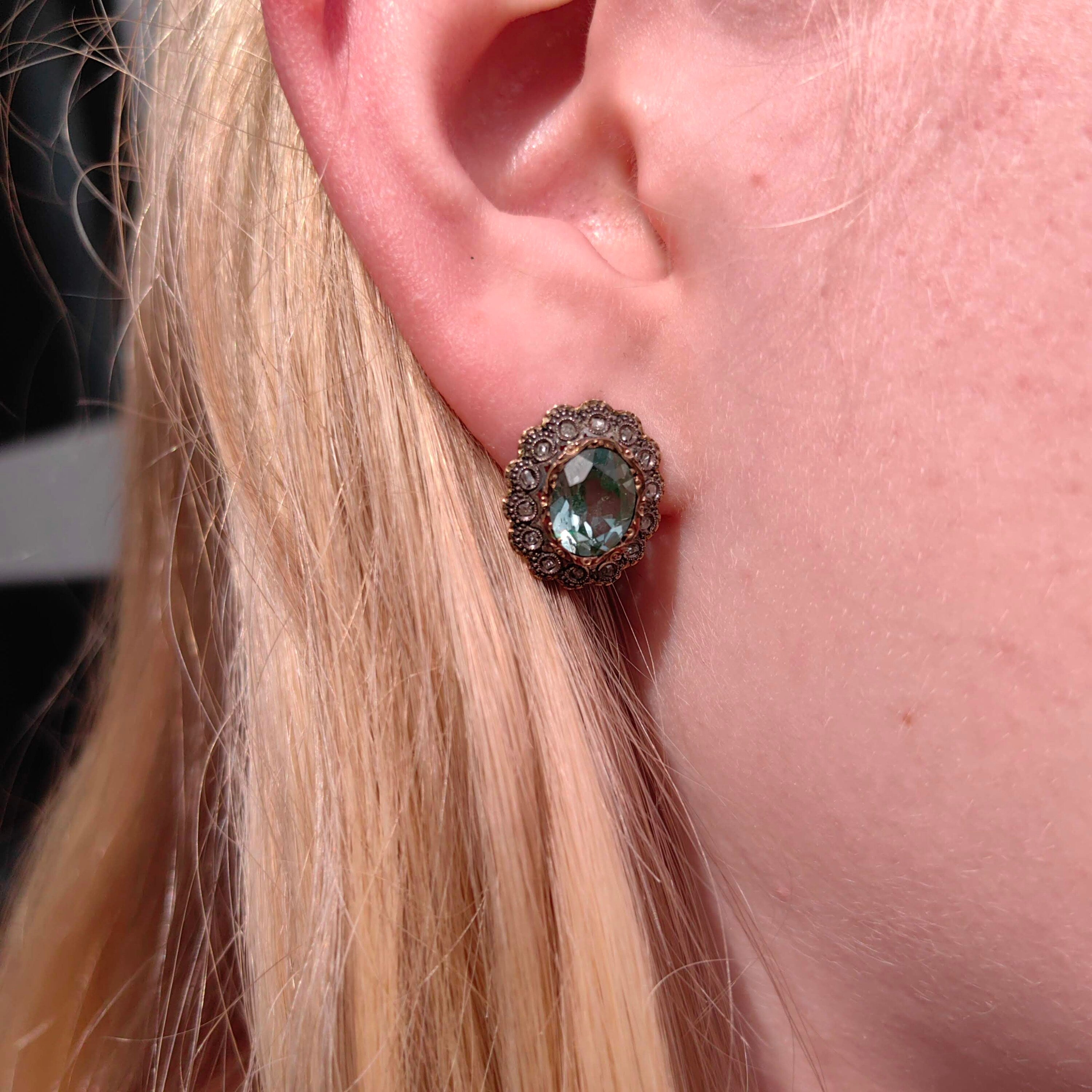 Vintage 1940s Aquamarine Diamond Earrings: 19.2k Gold & Silver Studs