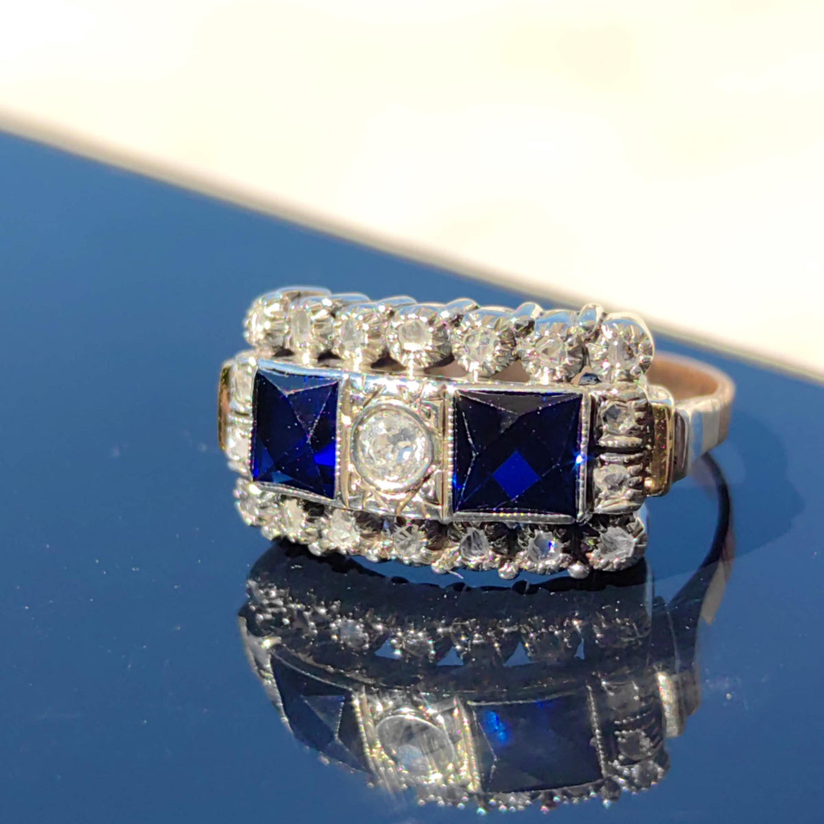 Art Deco 18k Gold Ring: Lab Sapphire & Diamond Chevalier Ring