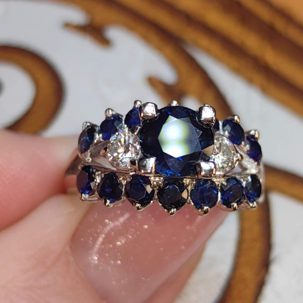 Vintage Mid-Century 18k White Gold Sapphire Diamond Ring