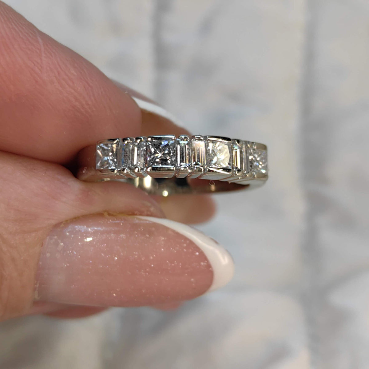 Princess and Baguette Cut Diamond Half Eternity 14k Solid White Gold Engagement Band Ring