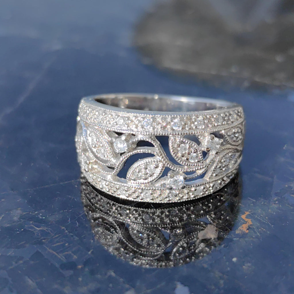 Diamond Floral Wedding Band: 14k White Gold Leaf Filigree Ring