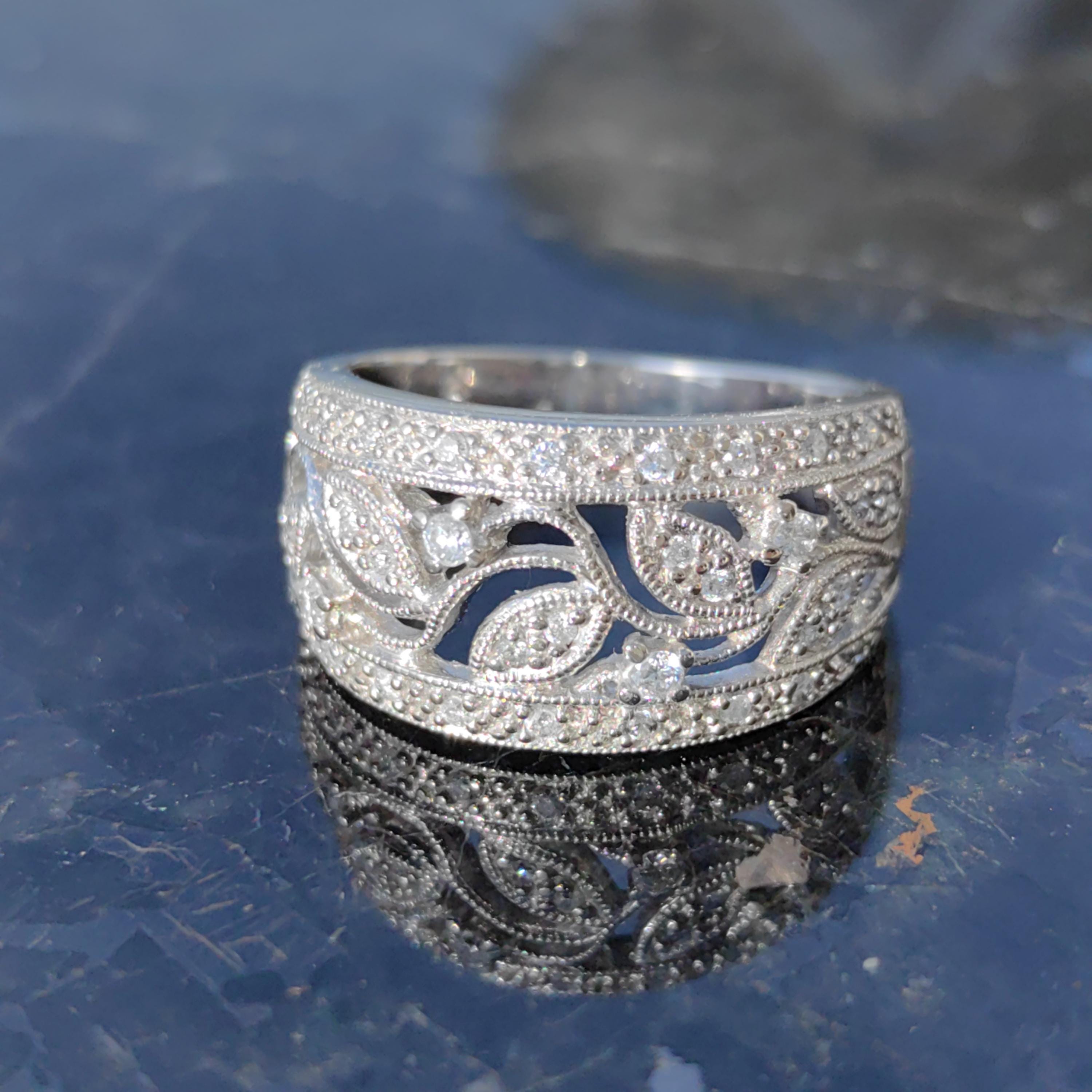 Diamond Floral Wedding Band: 14k White Gold Leaf Filigree Ring