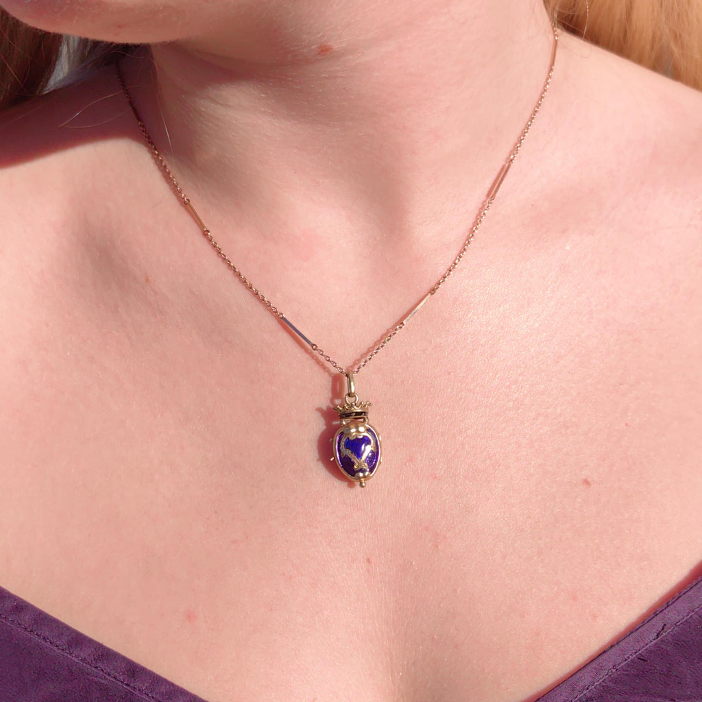 Victorian 18k Gold Blue Enamel Crown Locket Pendant: Hand Painted Antique