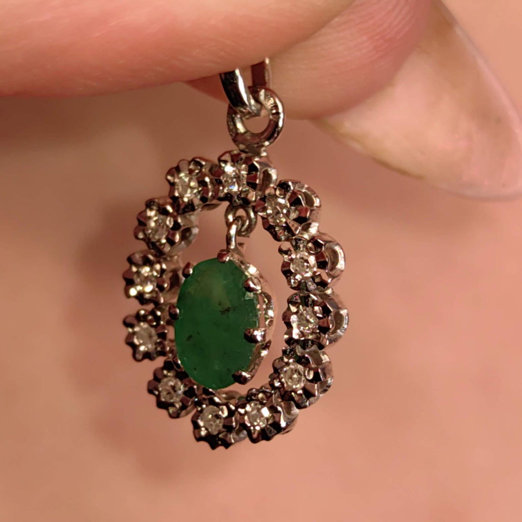 Natural Emerald and Diamond 14k Solid White Gold Dangle Charm Pendant Elegant Dainty Vintage Gift her Present