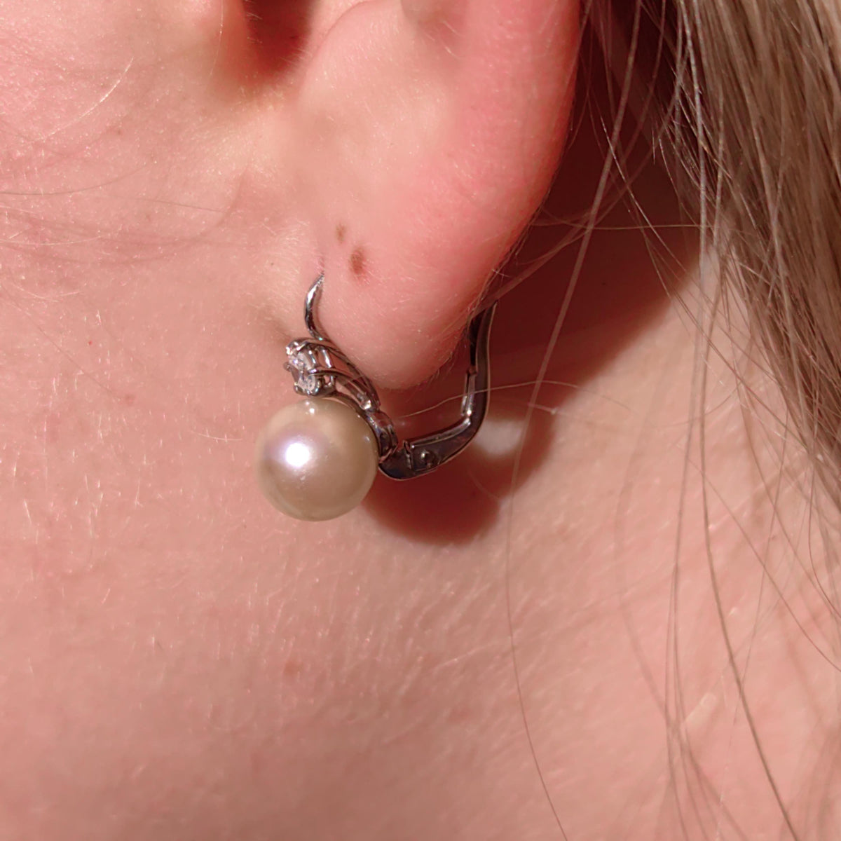 Diamond  Pearl 18k Solid White Gold Mid Century 1950s Antique Vintage Sleepers Lever Back Closure Elegant Earrings Gift for her