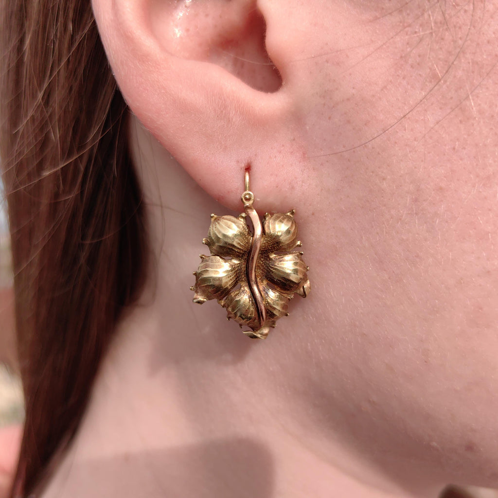 Antique 1870s Floral Leaf Earrings: 14k Yellow-Rose Gold Dormeuses