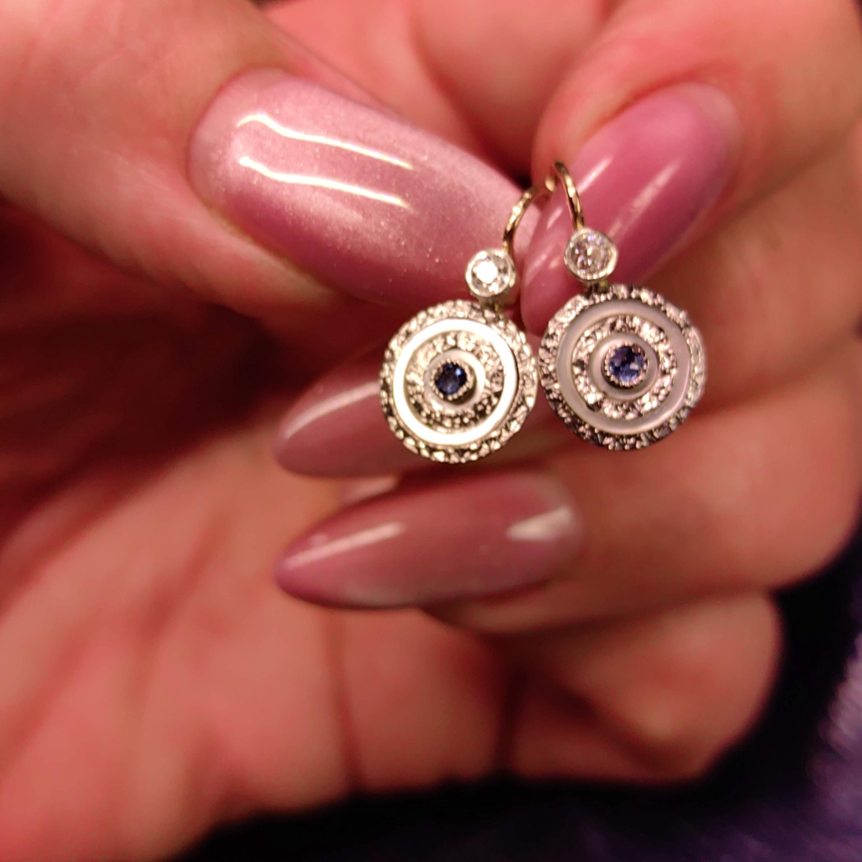 1920s Art Deco Antique Diamond and Sapphire Solid Yellow Gold Elegant Statement Earrings Lever Back Closure Gift for Her