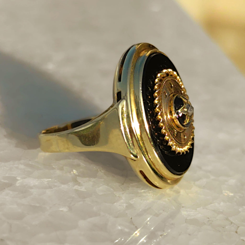 Victorian Onyx Diamond 14k Yellow Gold Star Ring