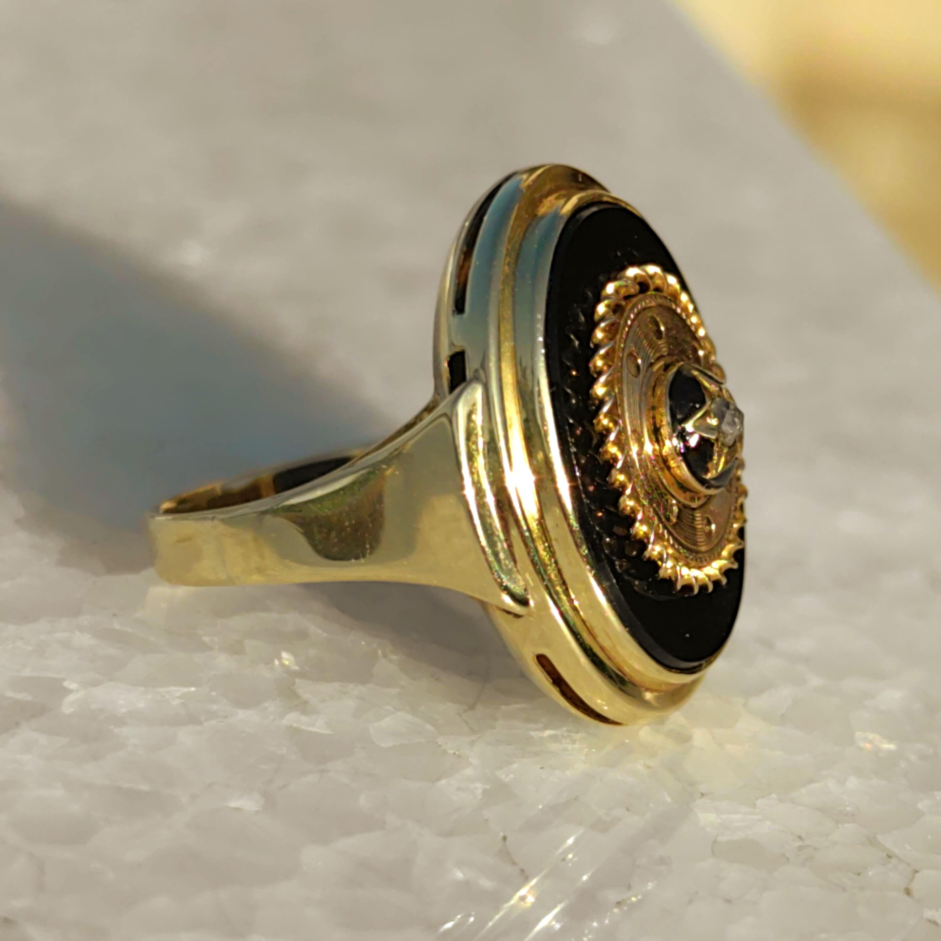 Victorian Onyx Diamond 14k Yellow Gold Star Ring