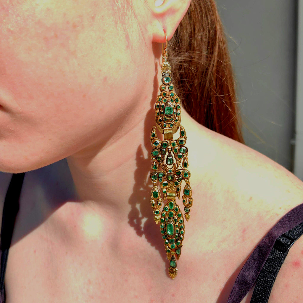 Antique Rococo Emerald Earrings: 18k Gold Baroque Dangle Earrings
