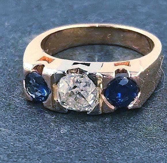 Art Deco 14k Gold Ring: .85ct Old European Cut Diamond & Sapphire