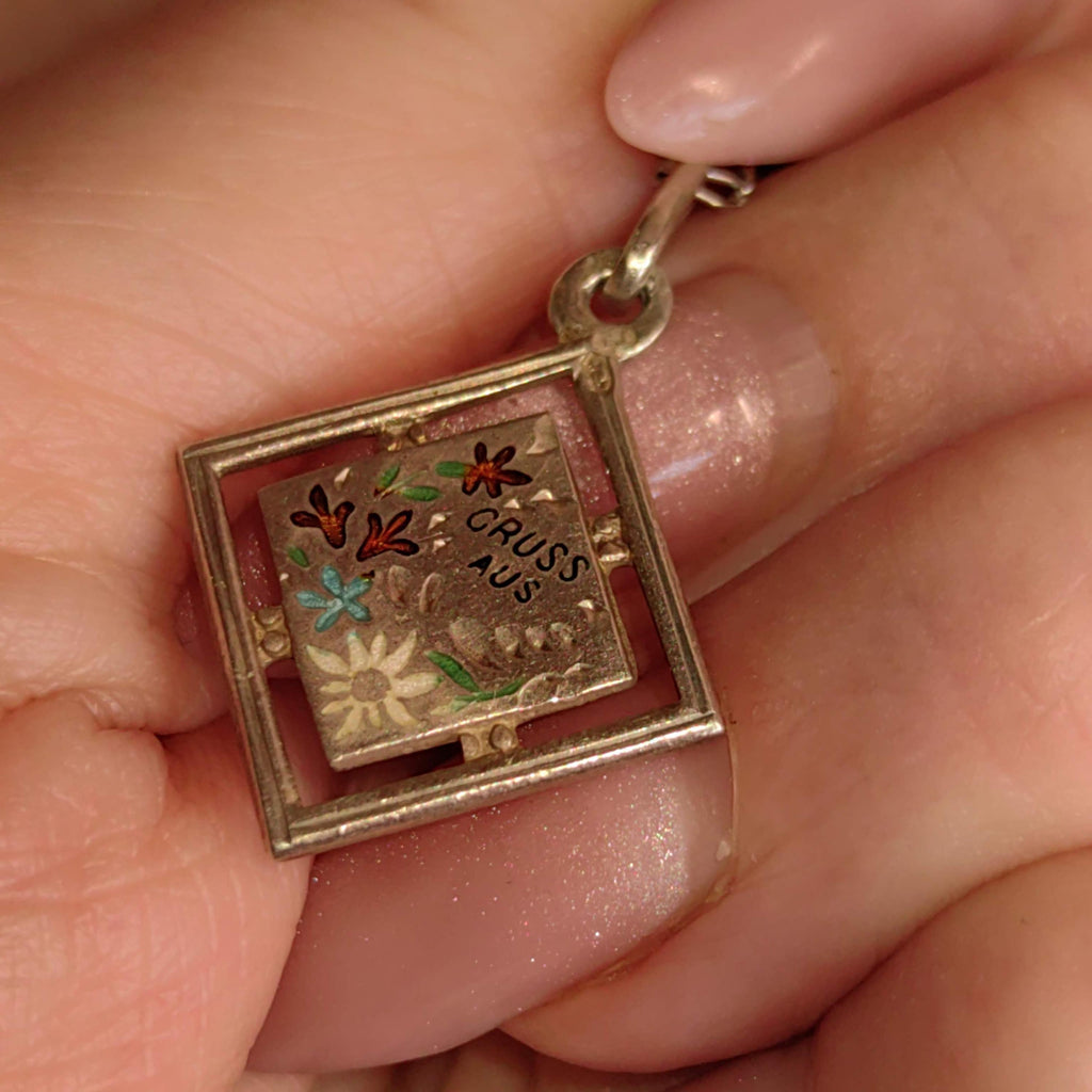 Art Nouveau Antique Vintage 1900s Silver Fire Enamel Floral Flower Gruss Aus hand painted Miniature Pendant