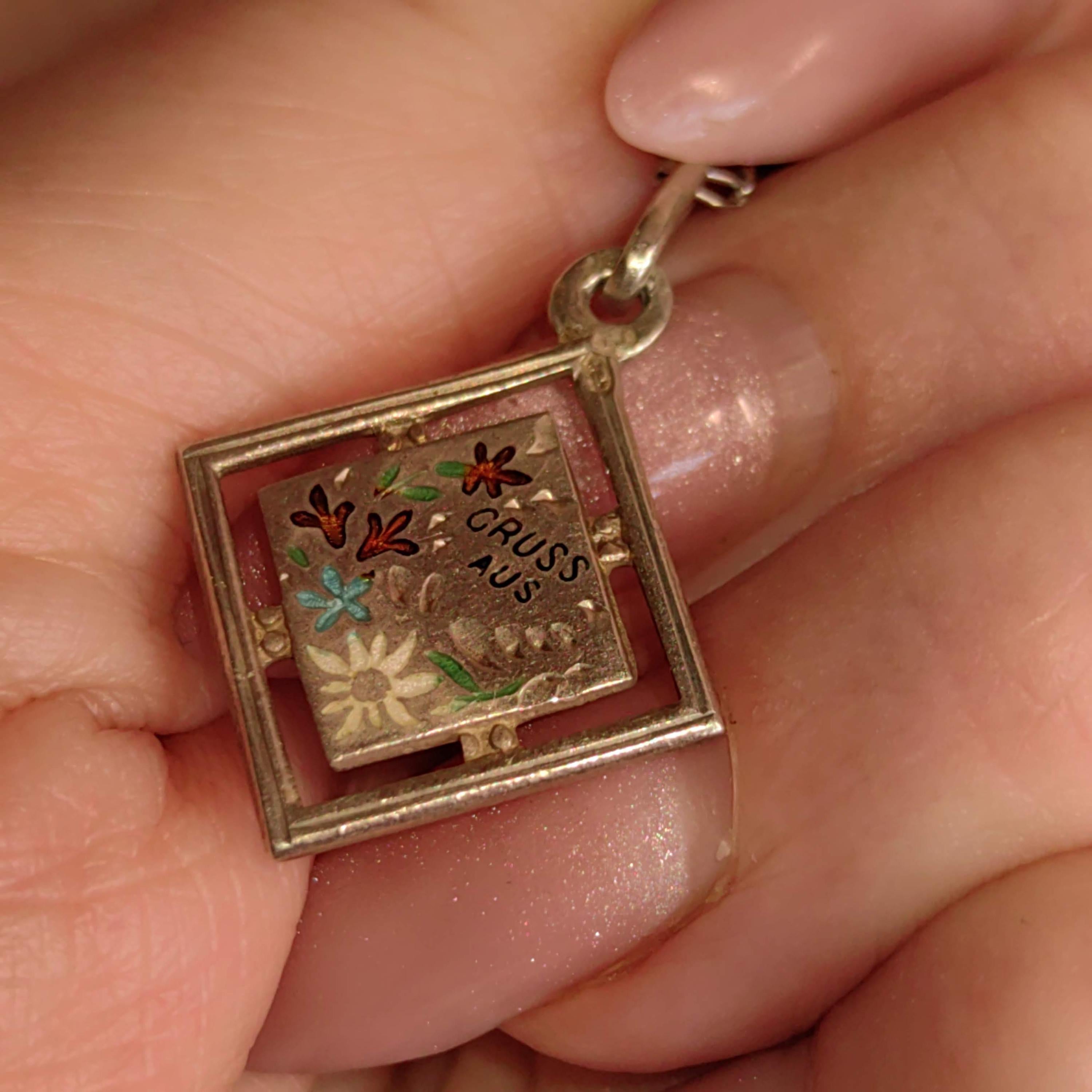 Art Nouveau Antique Vintage 1900s Silver Fire Enamel Floral Flower Gruss Aus hand painted Miniature Pendant