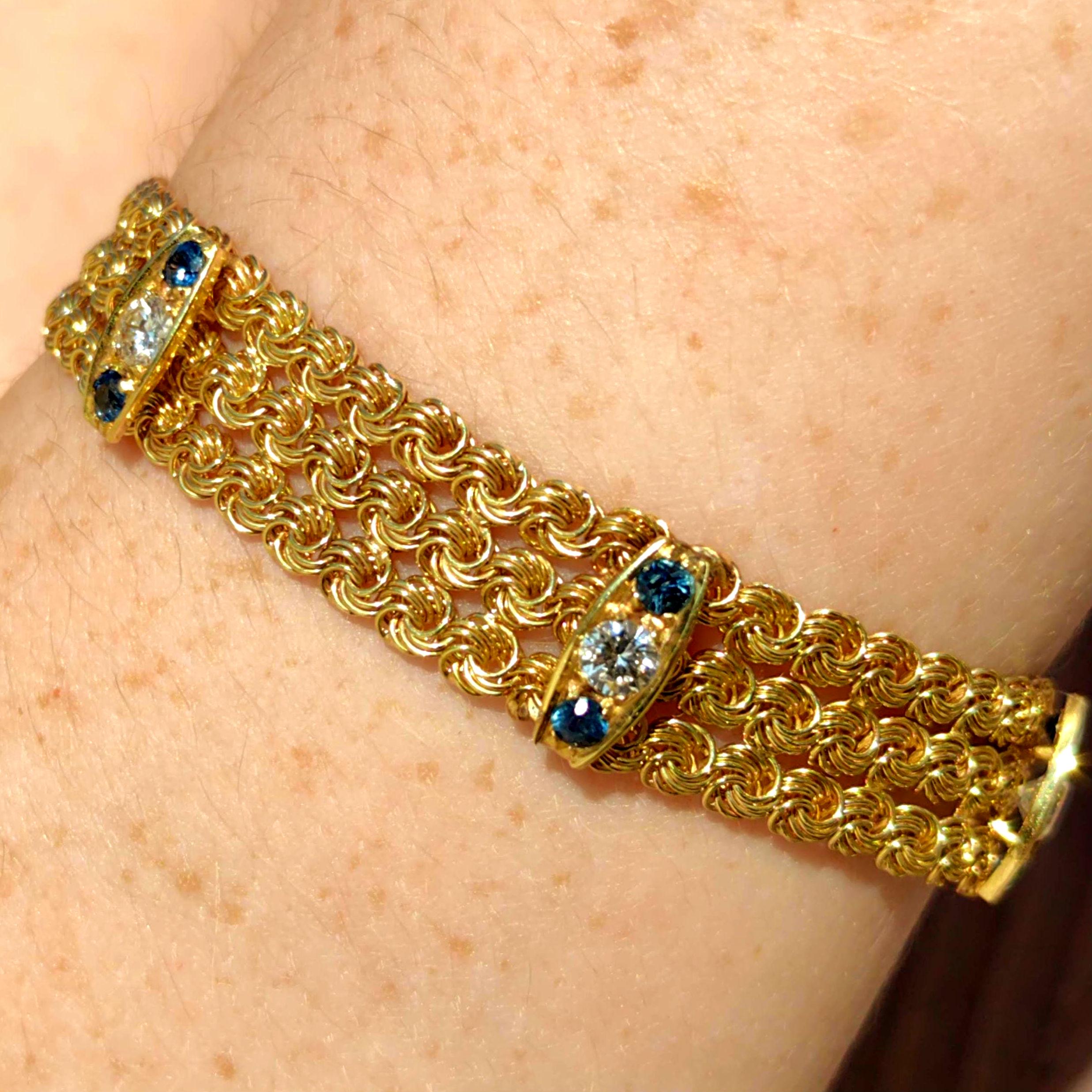 Art Deco Sapphire Diamond Bracelet: 14k Yellow Gold Chain, 1940s Vintage