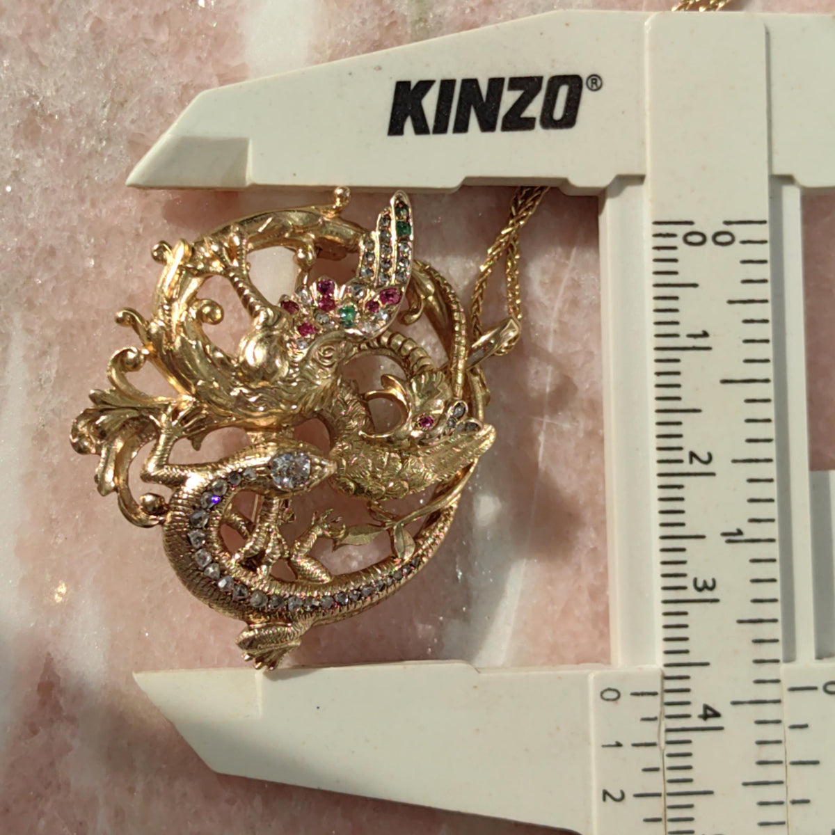 Diamond Emerald Ruby Solid 18k Yellow Gold Griffin Salamander Snake Ritual Magical Statement Pendant Charm Antique Vintage Gift for Her Him