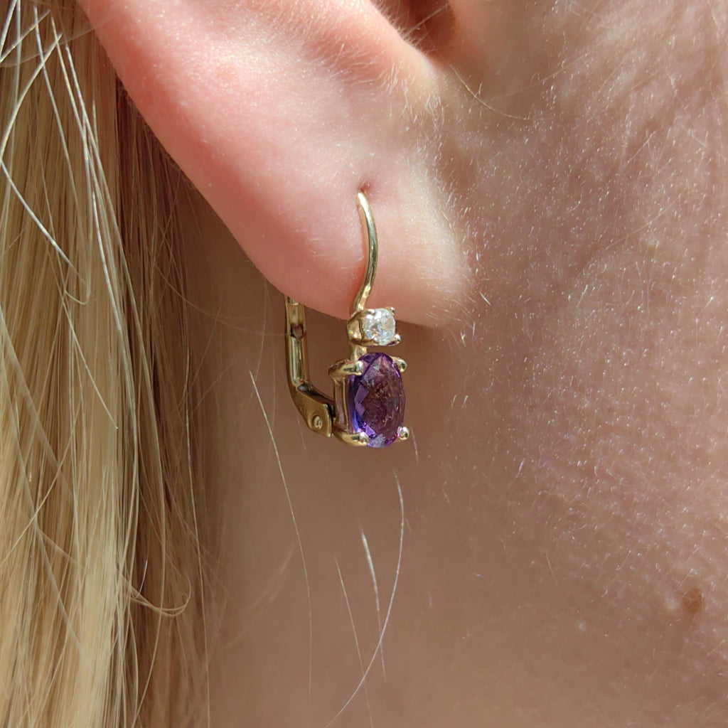 Vintage 14k Gold Amethyst & Diamond Drop Earrings: 1950s Dormeuse Sleepers