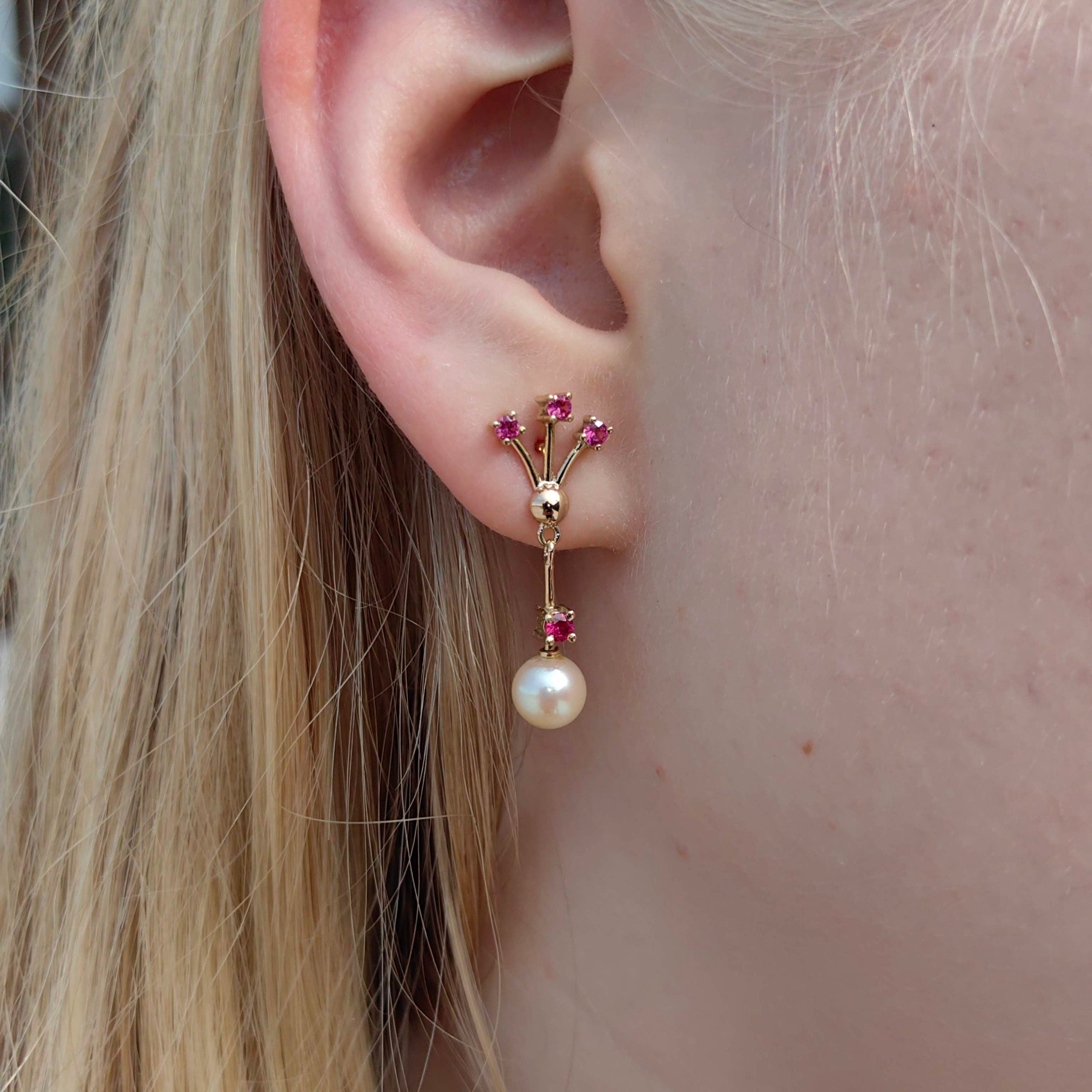 Vintage 18k Solid Yellow Gold Dangle and Drop Statement Earrings Ruby & Pearl Floral Design Gift for Her Present