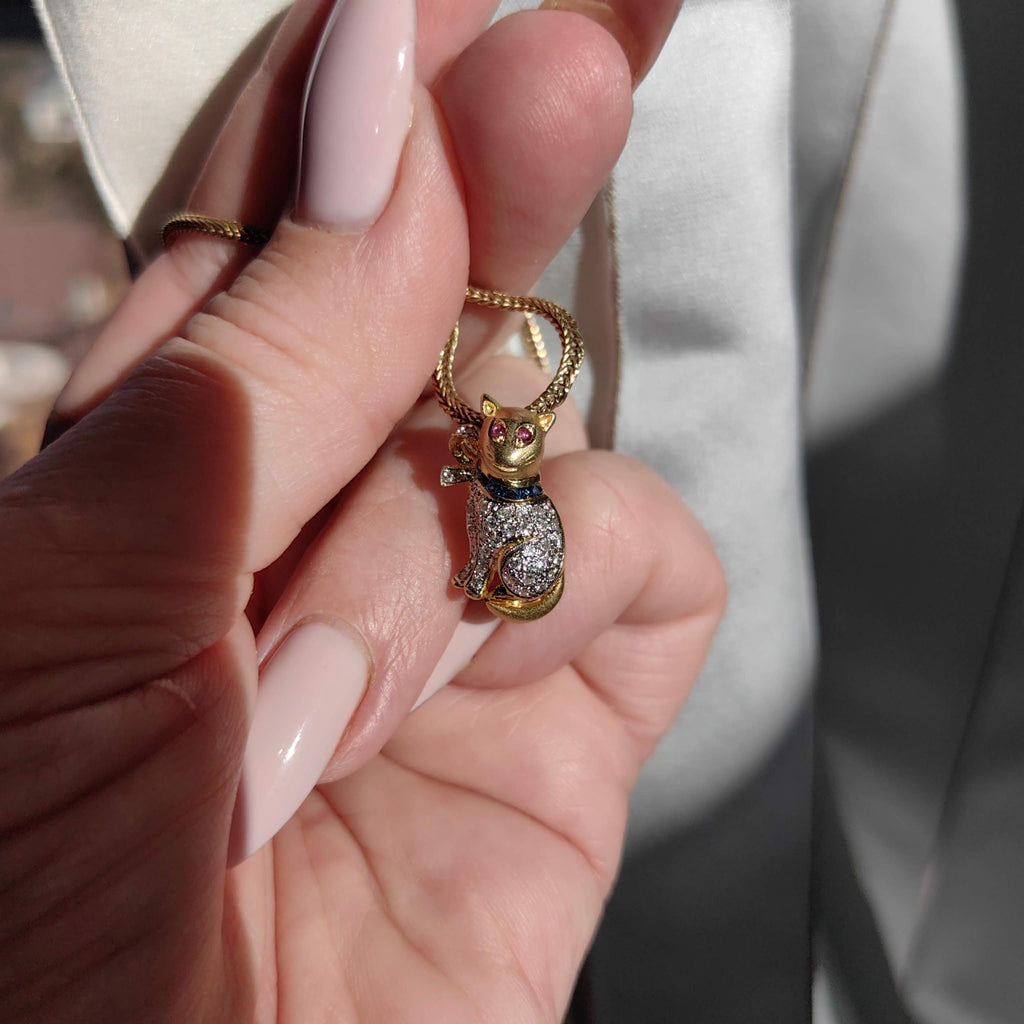 Mid-Century 18K Gold Flirty Sitting Cat Pendant with Bow Natural Diamonds Rubies Sapphires Vintage Figural Kitty Fine Jewelry Collectible
