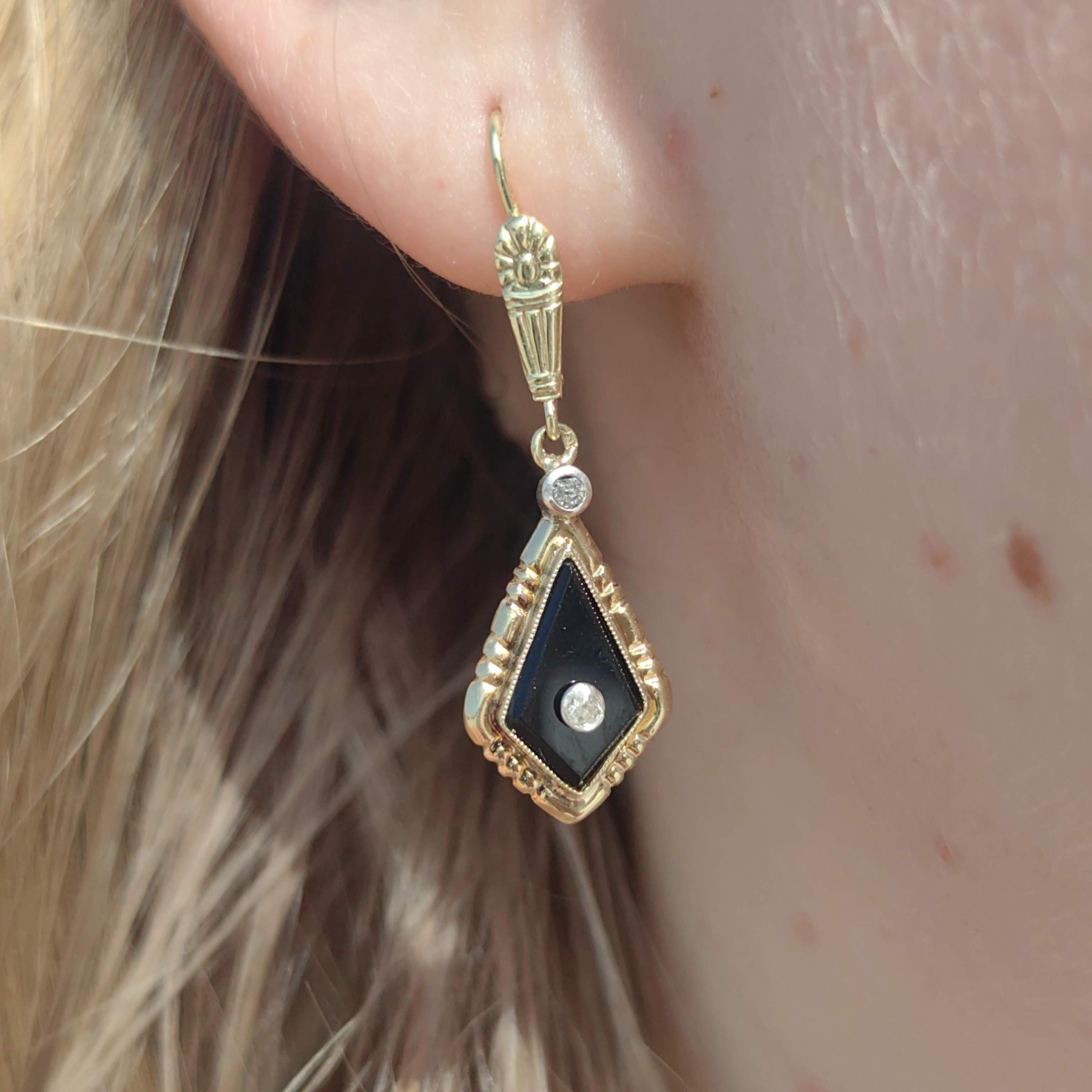 1920s Art Deco Onyx Diamond Dangle Earrings, 14k Gold Old European Cut Hallmarked Antique