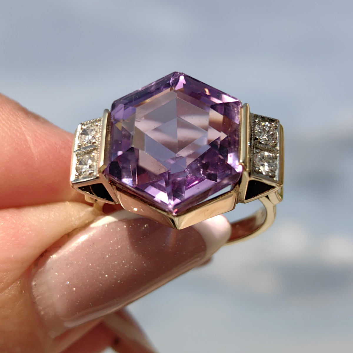 Art Deco Amethyst Cocktail Ring: 14k Yellow Gold Diamond Accent