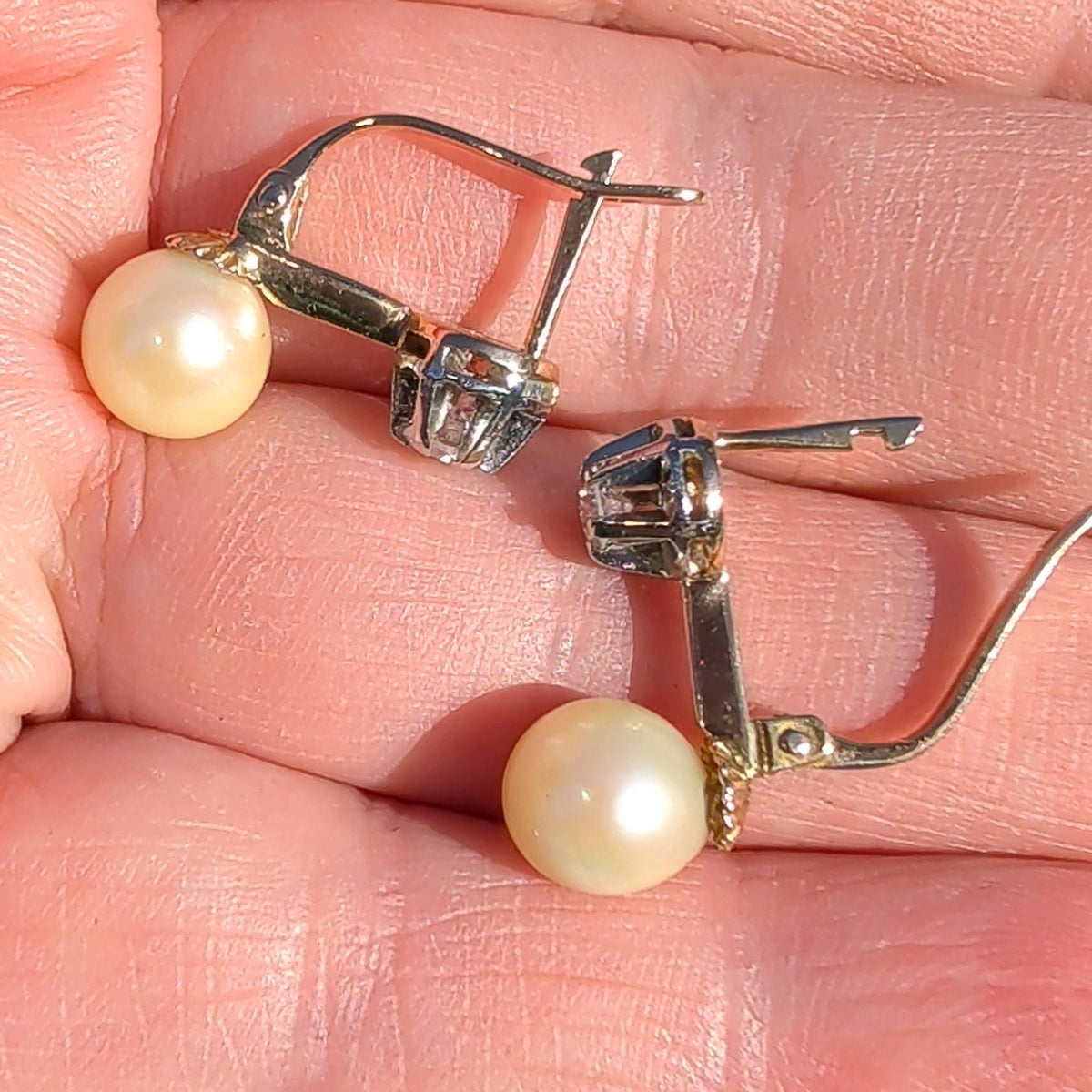 Natural Pearl and Diamond Solid 18k Solid Yellow Gold, Handmade Antique 1940s Elegant Earrings Gift for Her Present