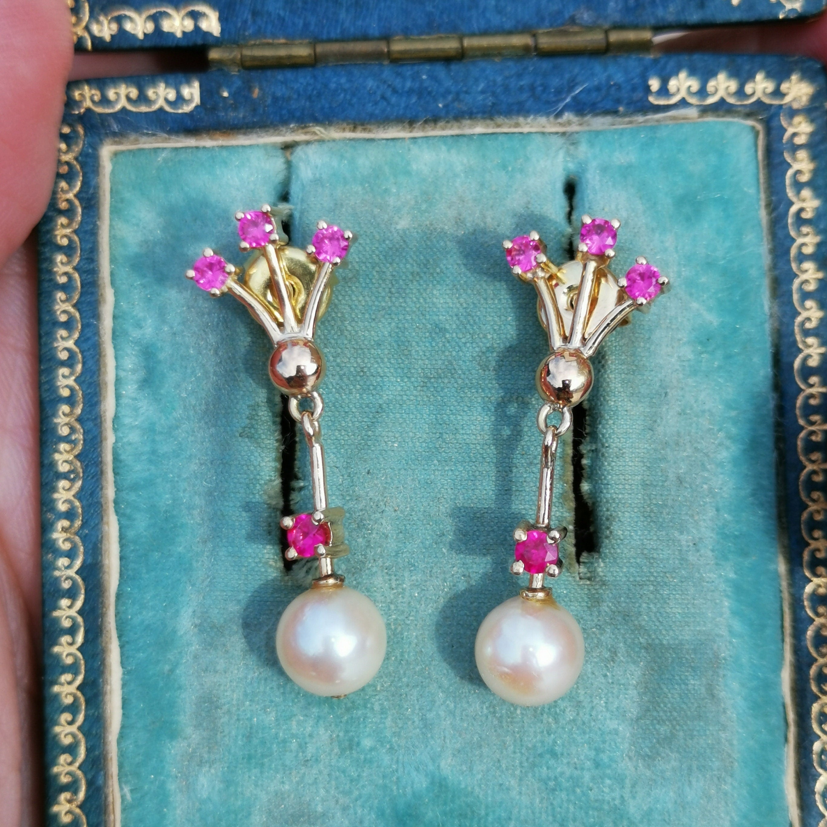 Vintage 18k Solid Yellow Gold Dangle and Drop Statement Earrings Ruby & Pearl Floral Design Gift for Her Present