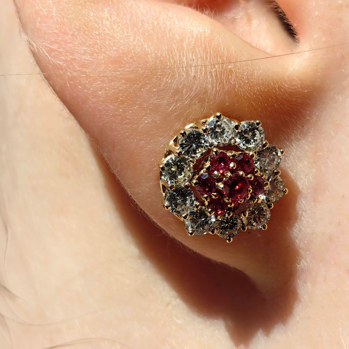 Vintage 18K Gold Floral Earrings: Ruby and Diamond Studs