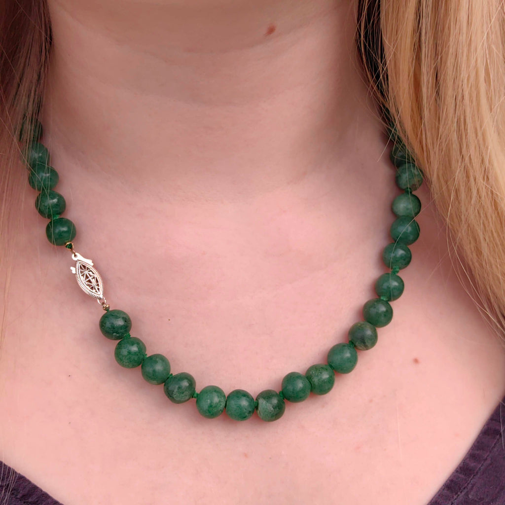 1930s Art Deco Natural Green Aventurine Beaded Statement Elegant Necklace Sterling Silver Clasp Gift for Her Present