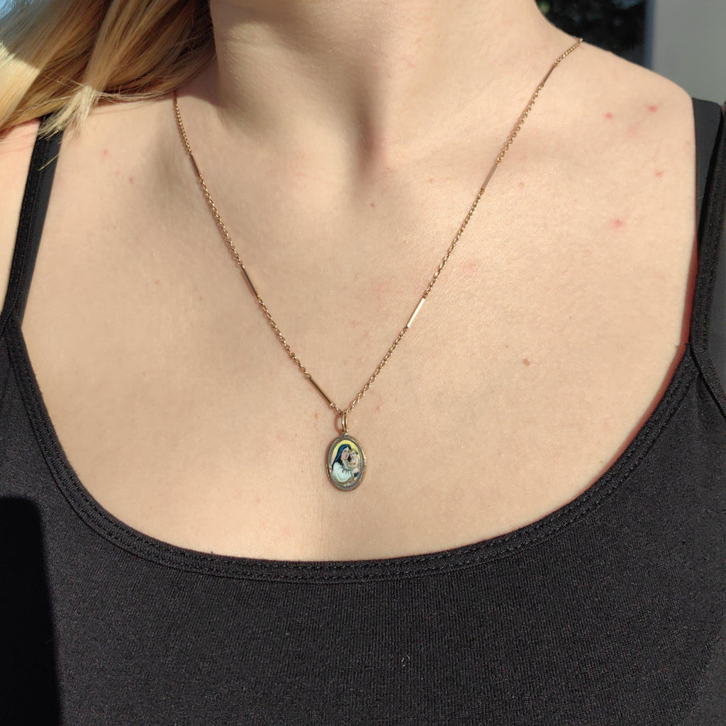 Antique Art Nouveau 14k Gold Madonna Pendant, Hand Painted Enamel Virgin Mary Baby Jesus