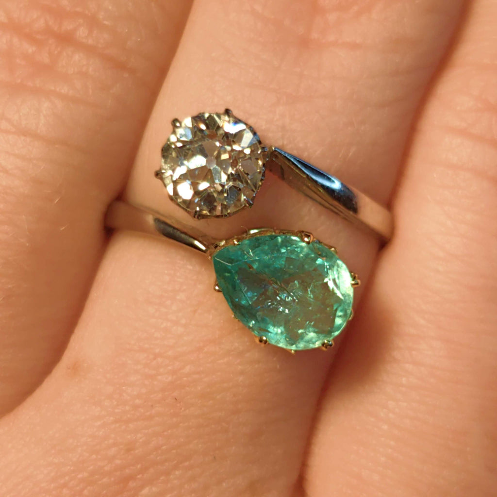 Edwardian Colombian Emerald Diamond Ring: 18k White Gold Antique Engagement Band