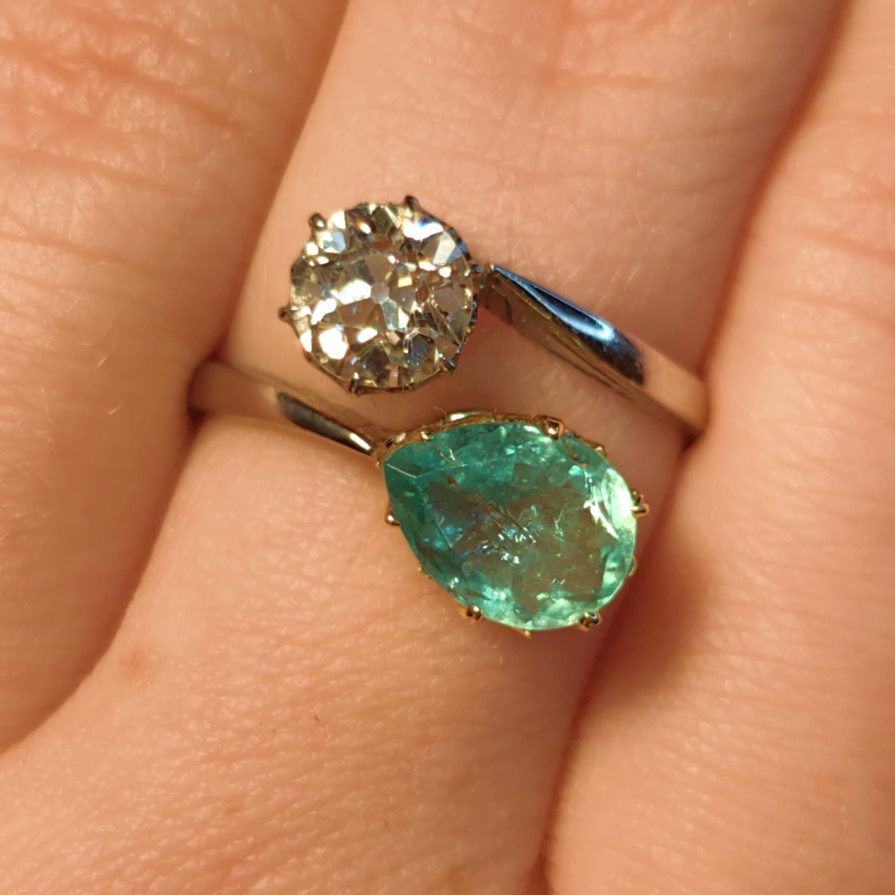 Edwardian Colombian Emerald Diamond Ring: 18k White Gold Antique Engagement Band