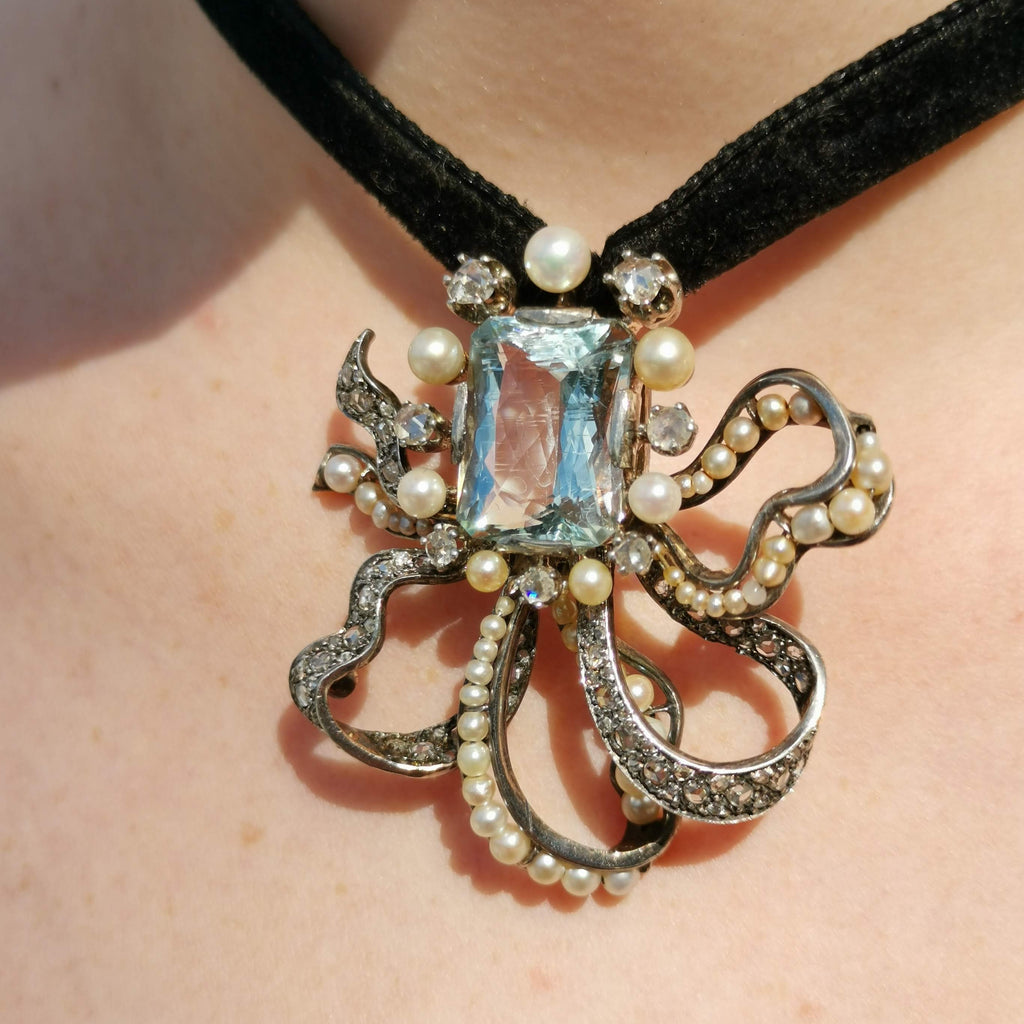 Victorian Blue Aquamarine Statement Brooch Elegant Pendant 14k Solid Gold Diamond & Pearl Bow Necklace Gift