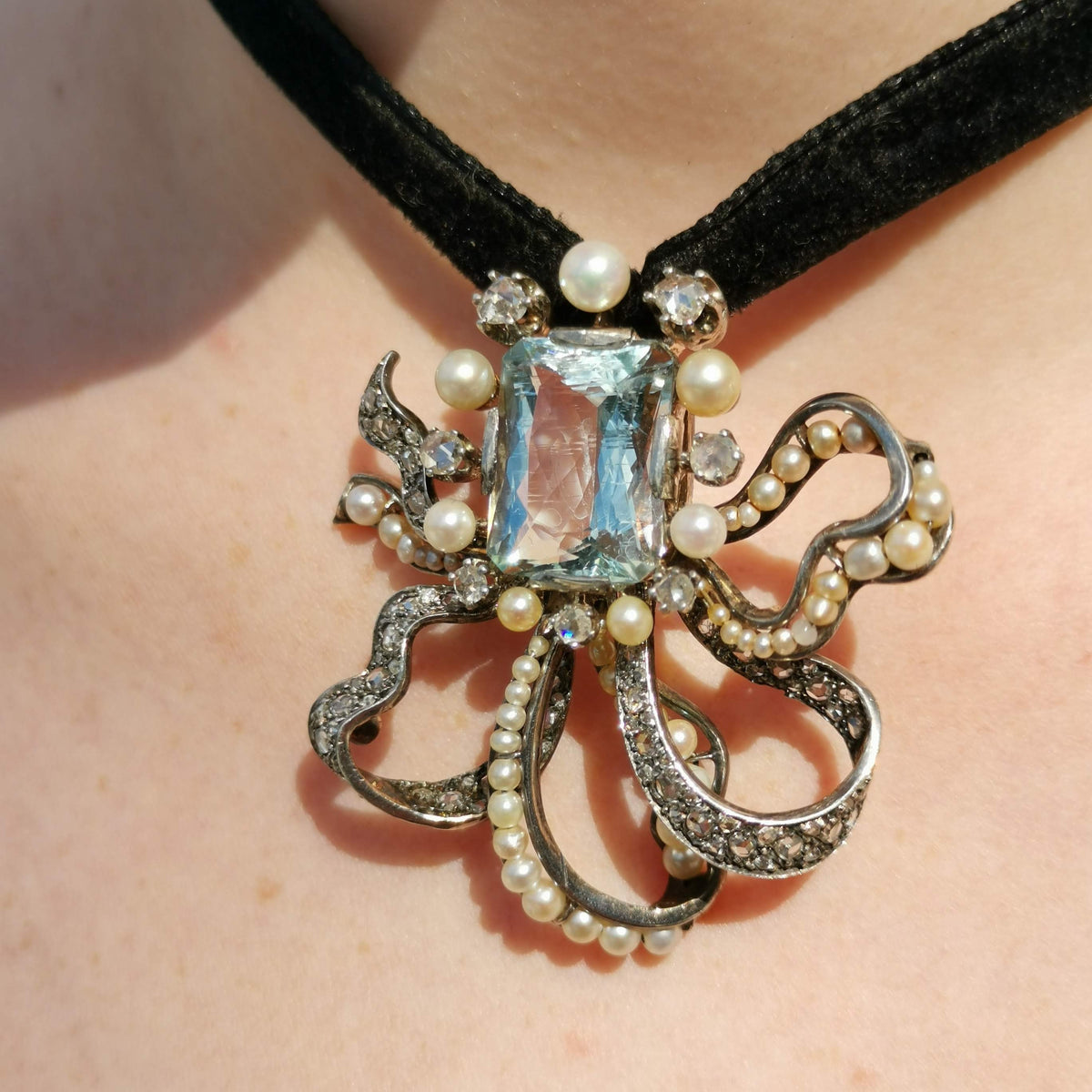 Victorian Blue Aquamarine Statement Brooch Elegant Pendant 14k Solid Gold Diamond & Pearl Bow Necklace Gift