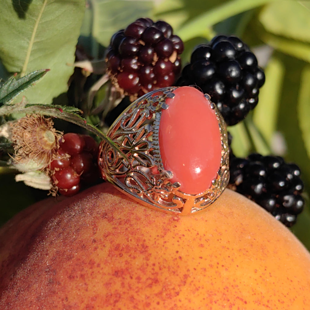Mediterranean Red Coral Ring: 14k Champagne Gold, Mid-Century Cabochon