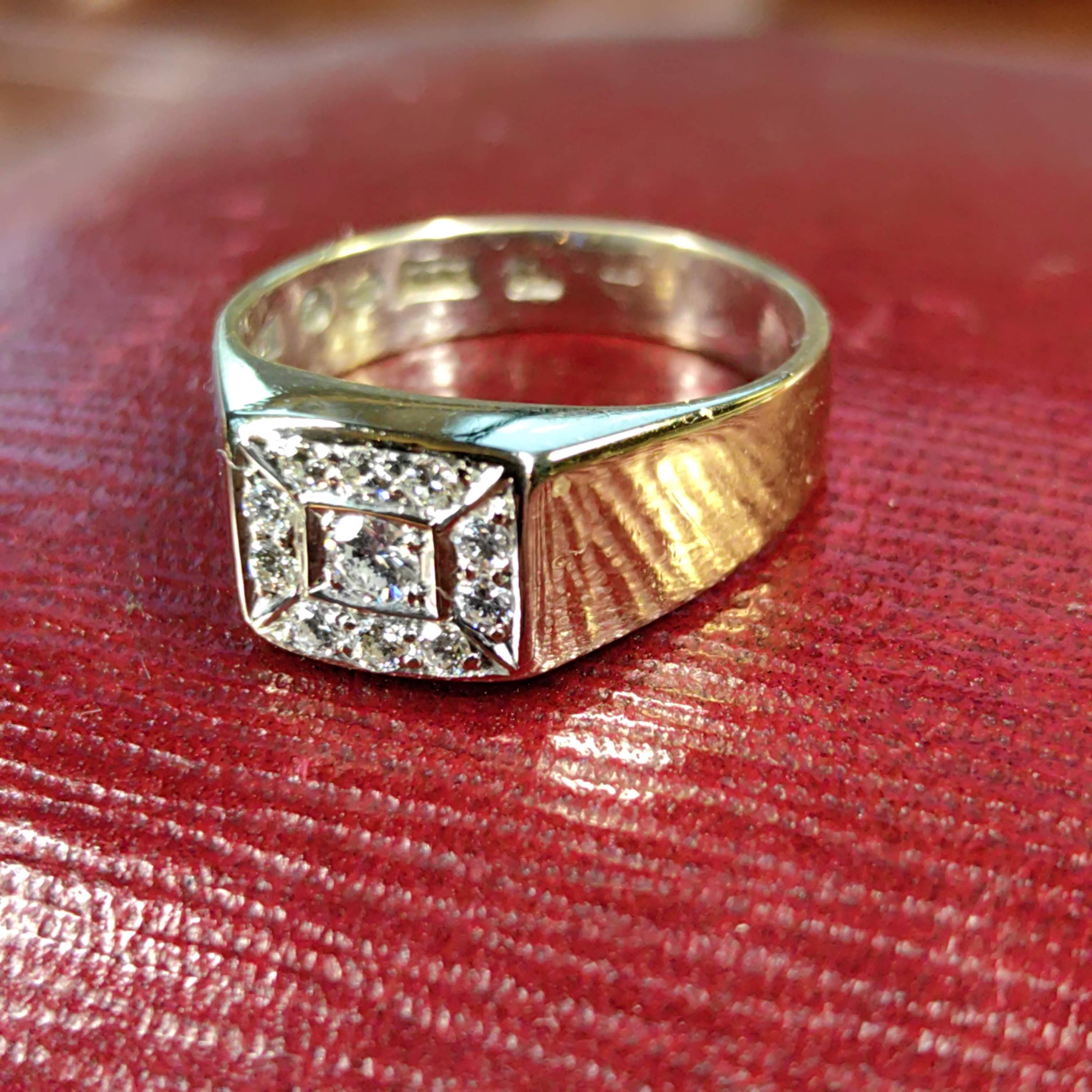 Vintage 18k Yellow Gold Diamond Ring: Unisex Chevalier Statement Ring
